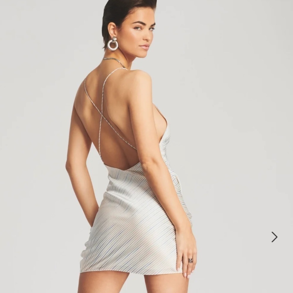 SER.O.YA | Bodycon Leah Classic Mini Slip Dress Silk Ivory W/ Blue Stripe - Picture 4 of 9